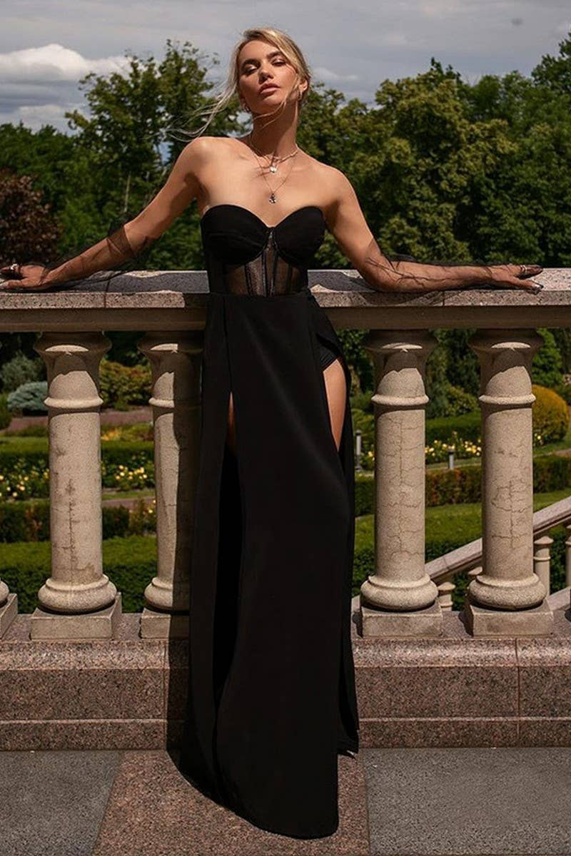 CWDTD0394_KNITTED TUBE TOP SLIT SLIM BLACK LONG SKIRT