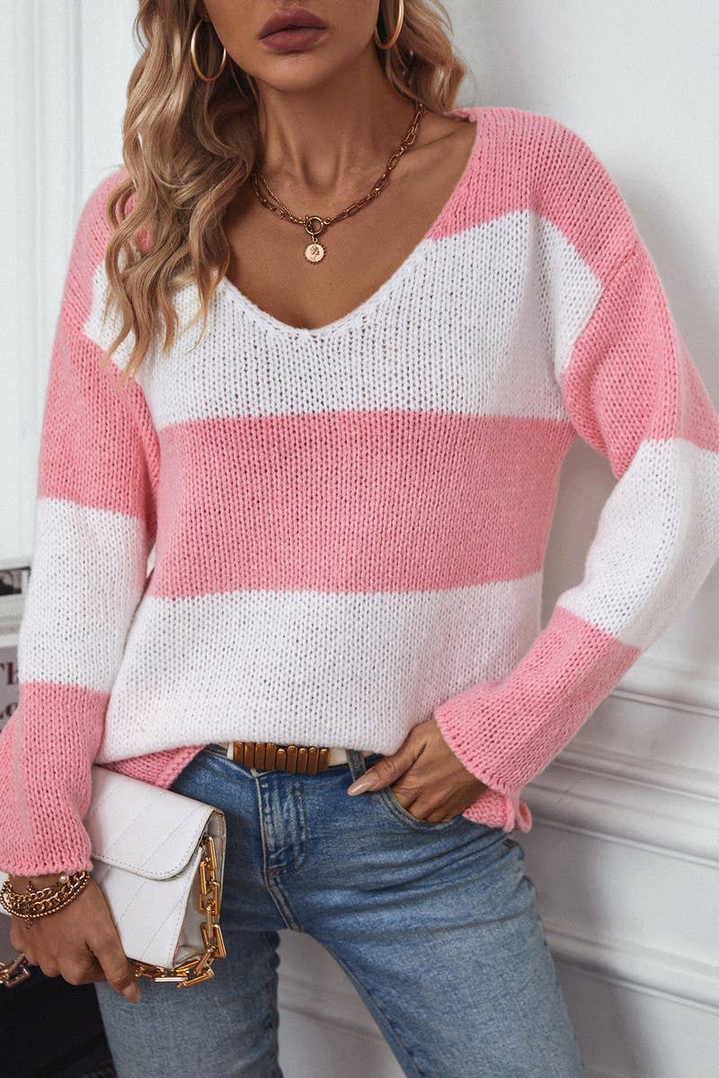CWOSWL2930_STRIPED V-NECK OFF-THE-SHOULDER KNITTED SWEATER