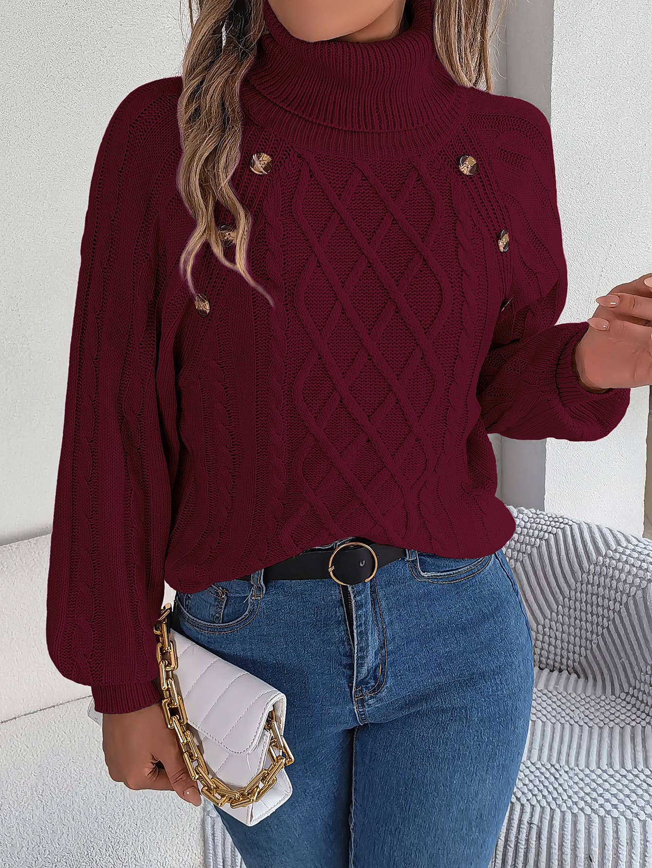CASUAL TWIST TURTLENECK LANTERN SLEEVE SWEATER