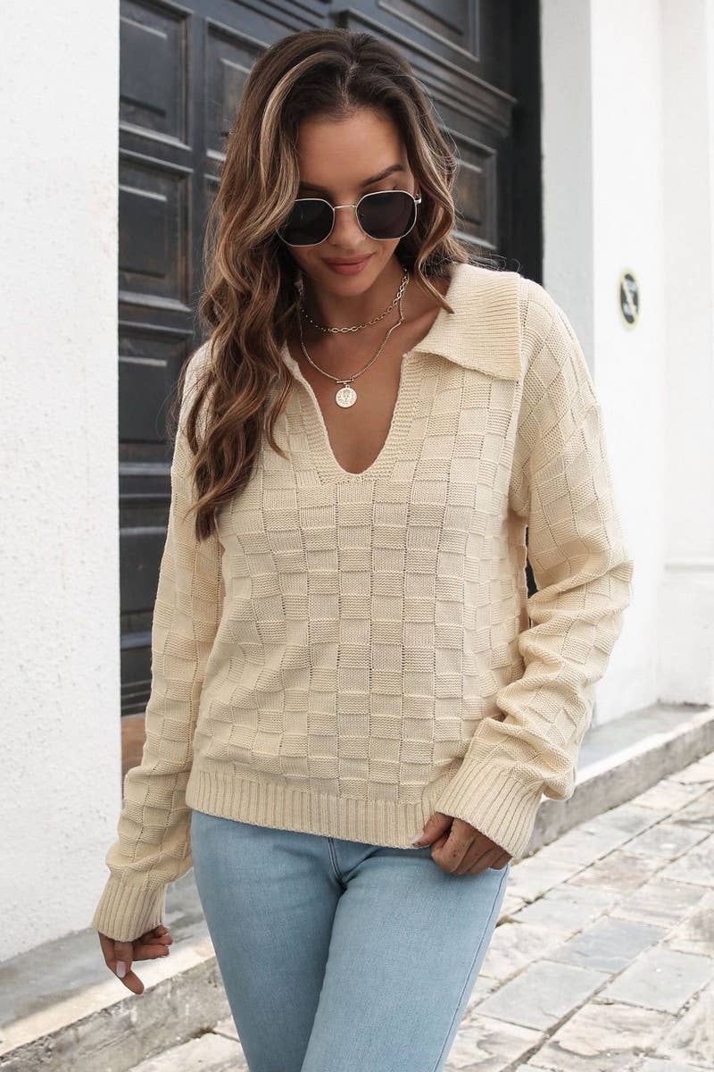 CWOSWL6854_NEW LOOSE THREE-DIMENSIONAL PLAID LAPEL SWEATER