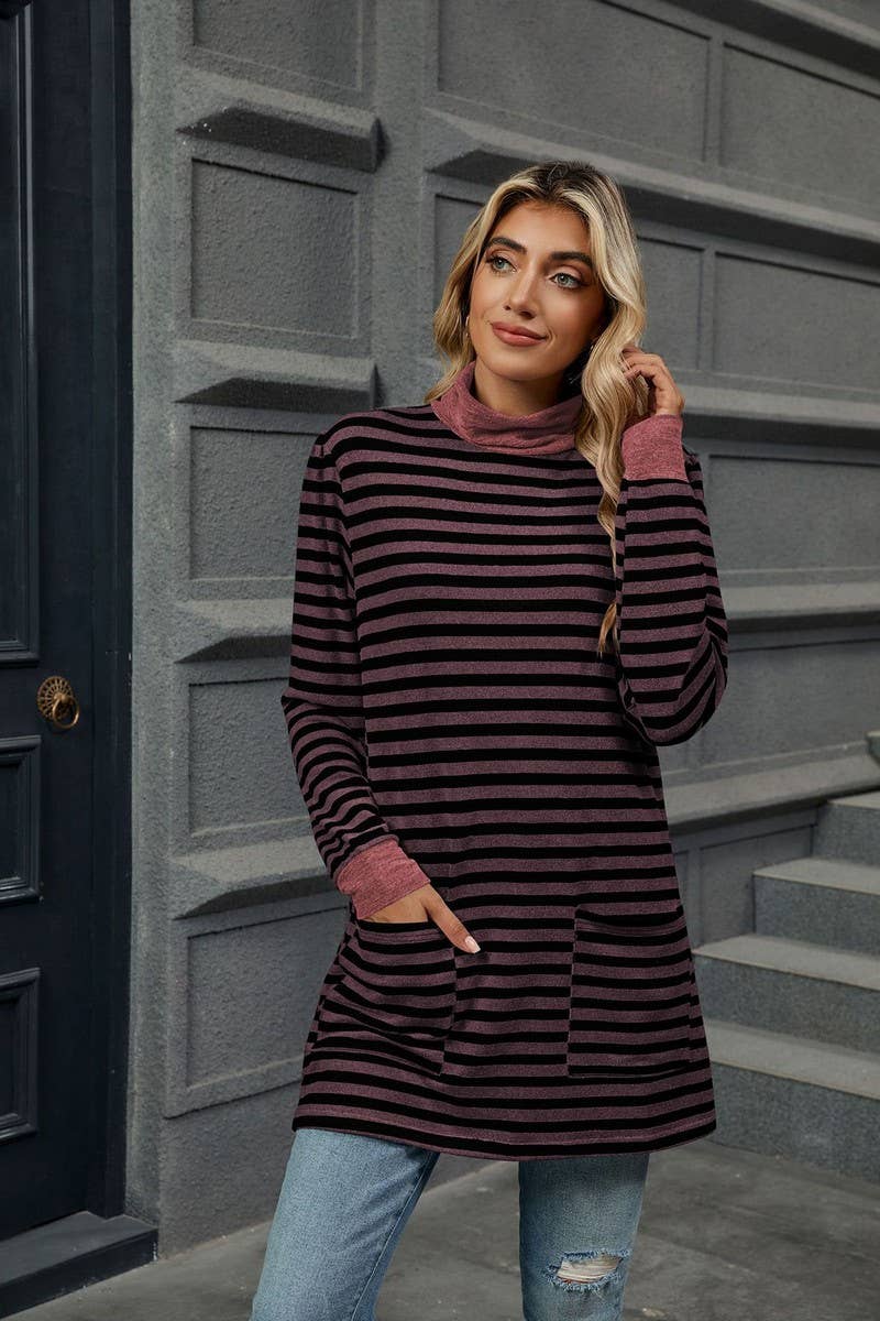 CWTBLL2357_HALF TURTLENECK STRIPED KNITTED LONG SLEEVE TOP
