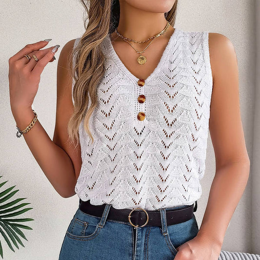 BUTTON-DOWN V-NECK CUT-OUT SLEEVELESS TOP