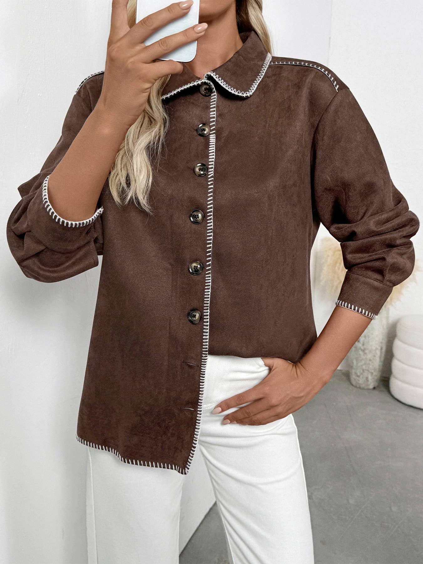 Casual fringed color-blocked lapel loose shirt