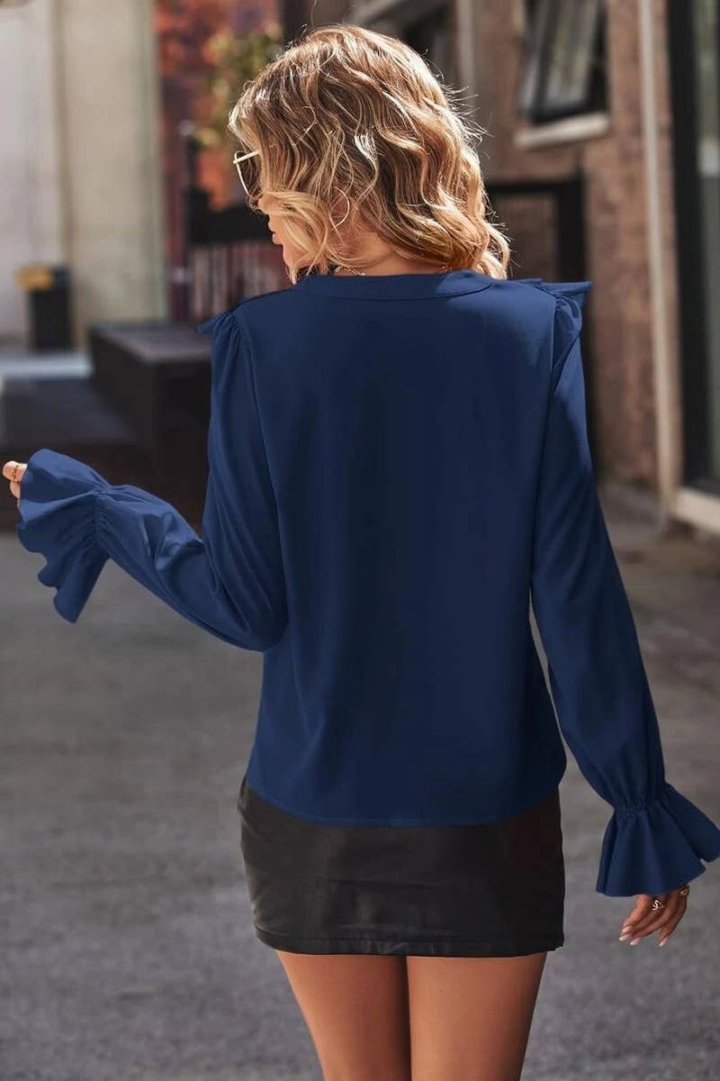 CWTBLL1422_SOLID COLOR V-NECK RUFFLED TEMPERAMENT SHIRT