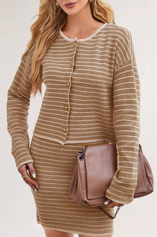 CWSS0856_SWEATER STRIPED LONG SLEEVE CARDIGAN SKIRT SUIT