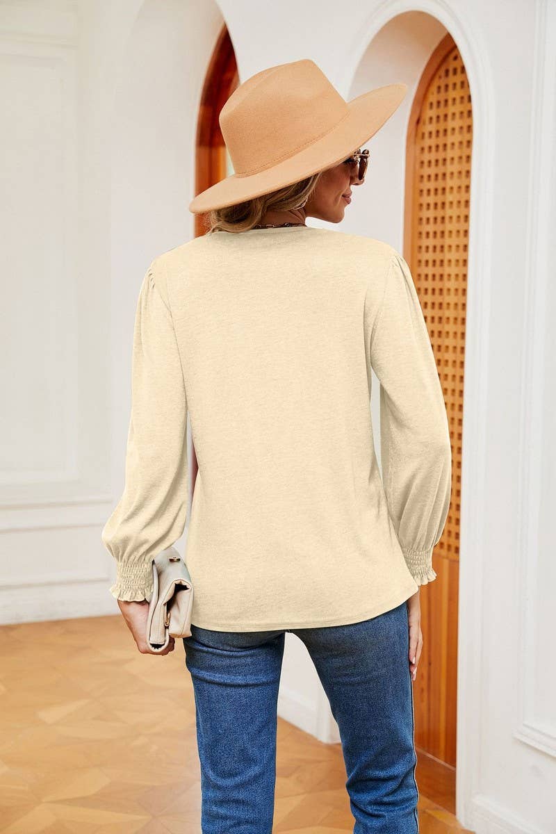 CWTBLL2396_V NECK LACE TRIM LONG SLEEVE LOOSE PULLOVER