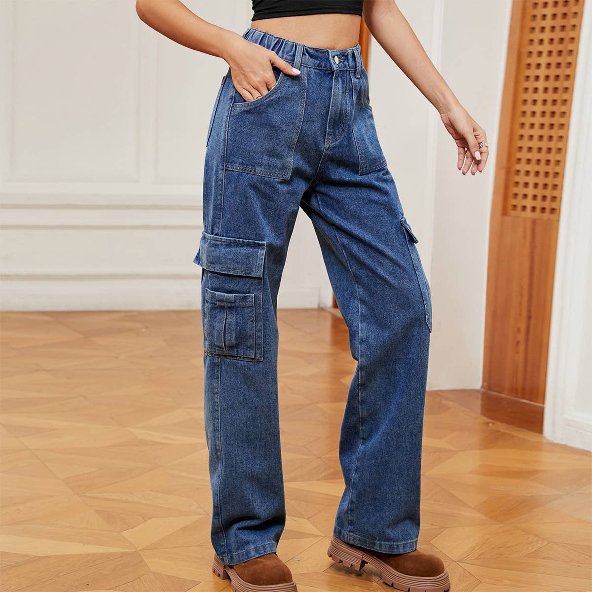 ELASTIC-WAISTED DENIM CASUAL CARGO PANTS