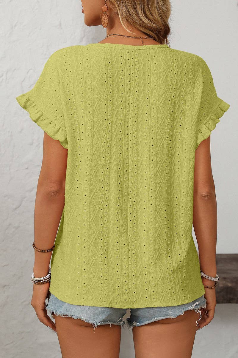 CWTBLS1710_SOLID COLOR ROUND NECK SHORT SLEEVE HOLLOW TOP