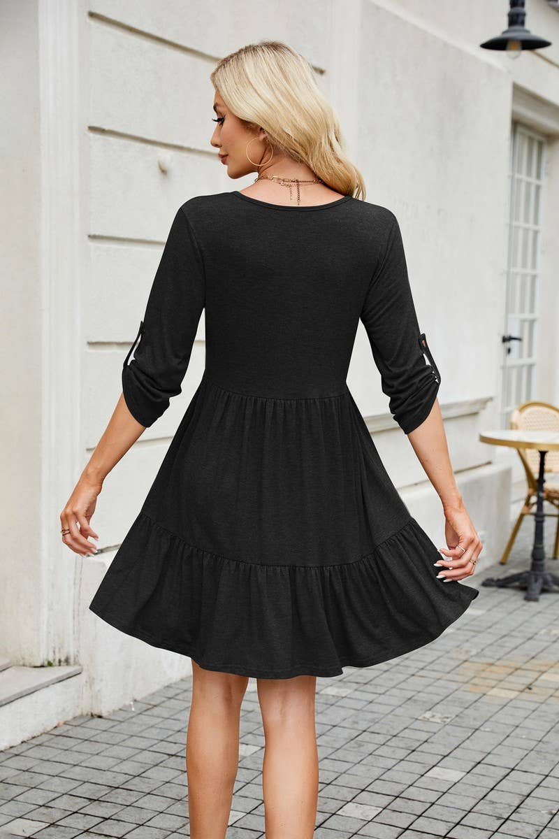 CWDSD8716_V-NECK LONG SLEEVE BUTTON FRONT LOOSE SOLID DRESS