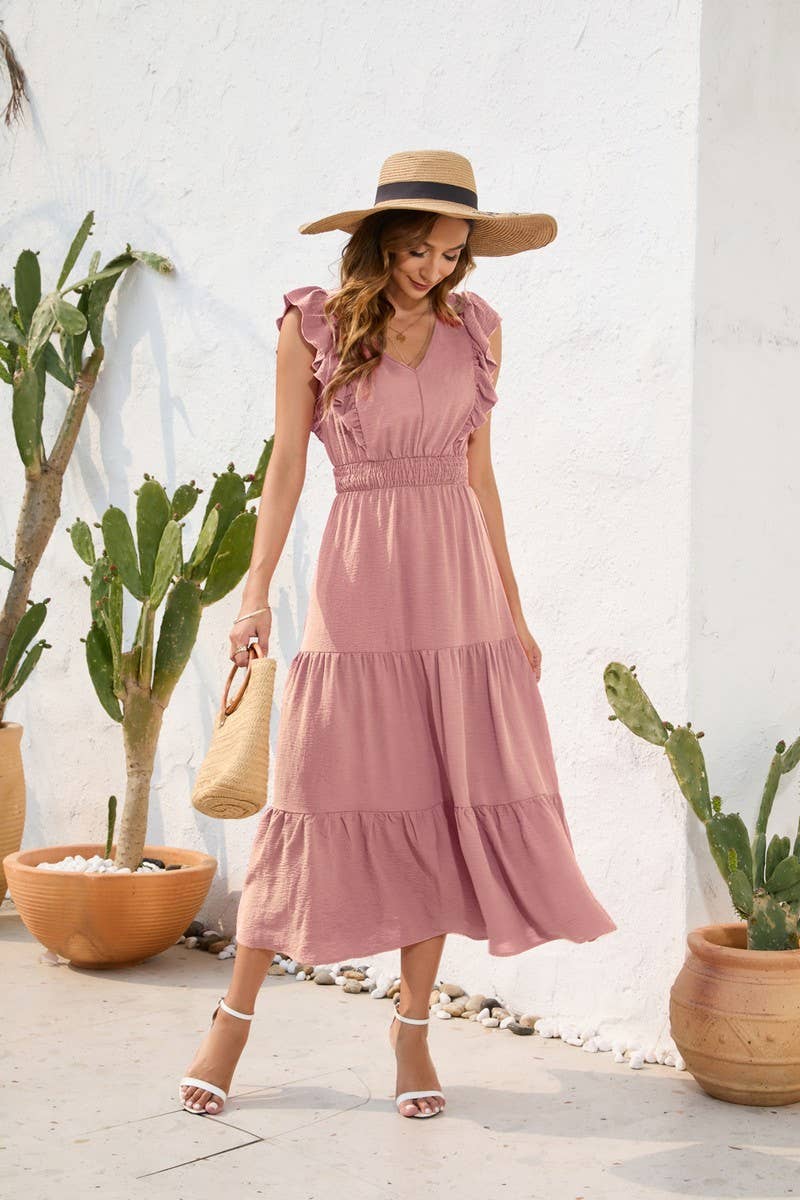 CWDMD2144_V-NECK HIGH-WAISTED CAKE DRESS