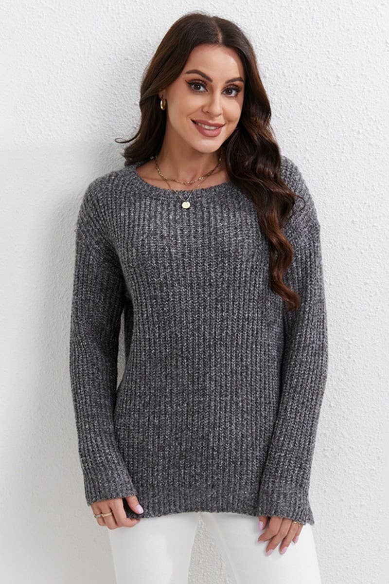 CWOSWL07669_SOLID COLOR ROUND NECK LOOSE PULLOVER SWEATER