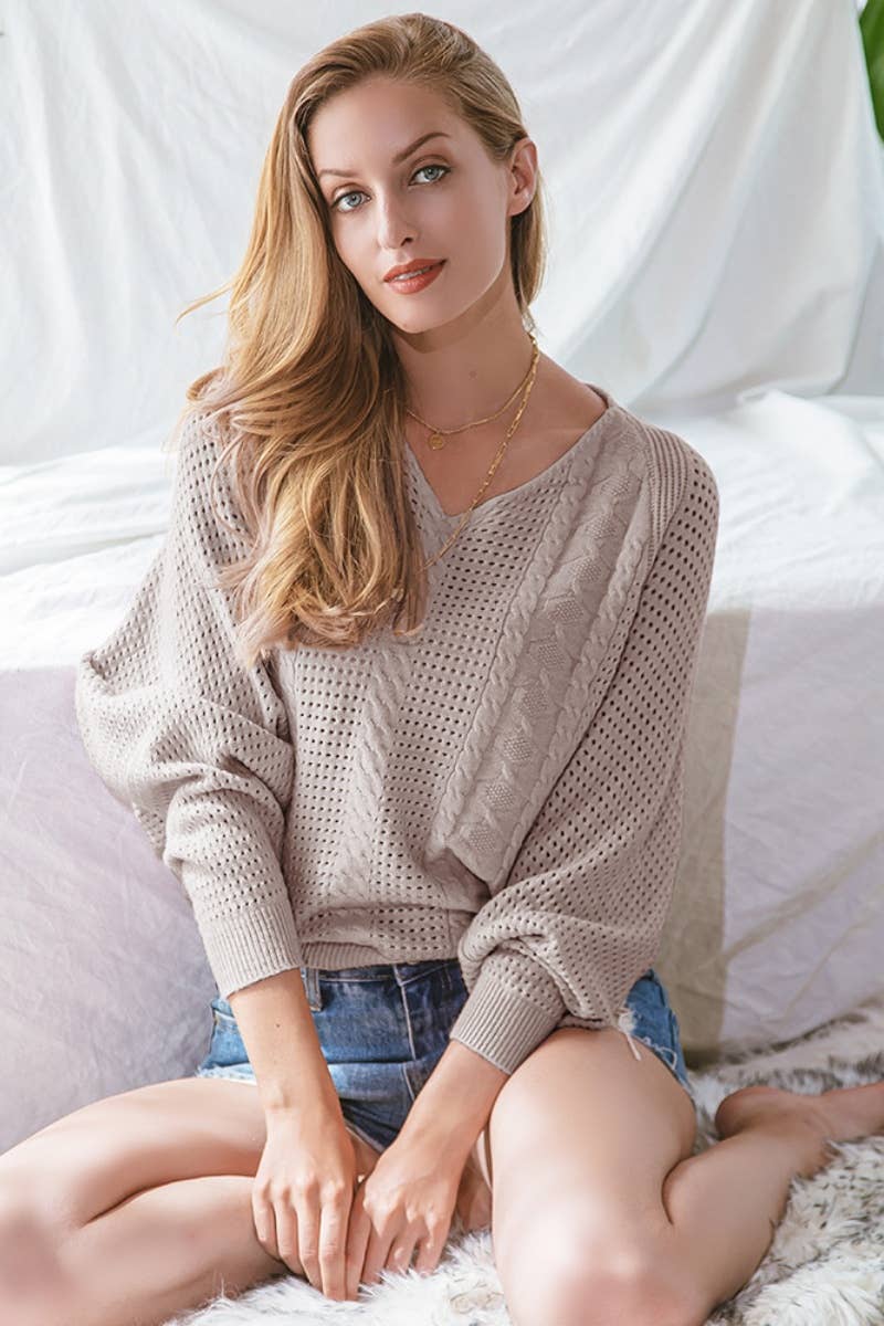 CWOSWL6652_SOLID COLOR HOLLOW LONG-SLEEVED SWEATER