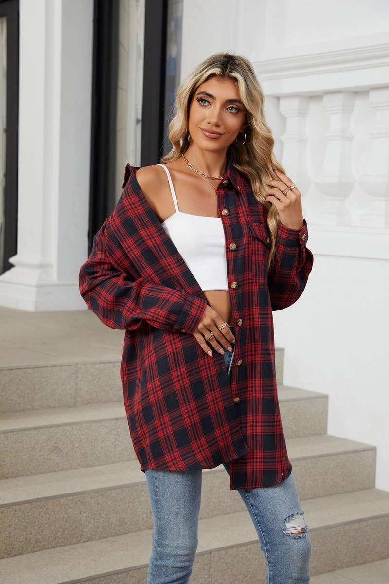 CWTBLL3745_AUTUMN AND WINTER STRIPED PLAID BUTTON-DOWN SHIRT