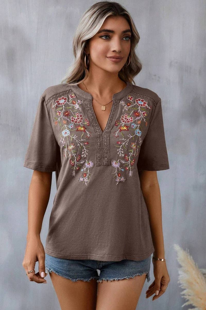 CWTBLS1118_EMBROIDERY PATCHWORK LACE LACE SHORT SLEEVE TOP