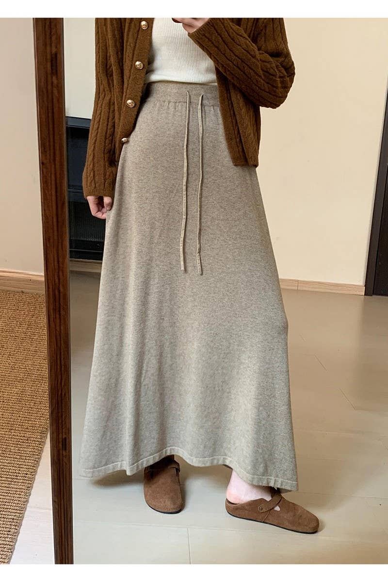 CWBLS0300_SOLID COLOR DRAWSTRING LONG KNIT SKIRT