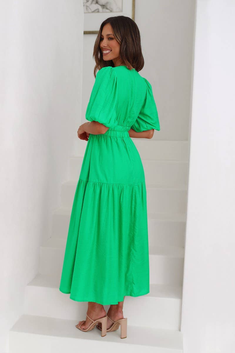 CWDSD8159_LANTERN SLEEVE TIERED FLARE MIDI DRESS