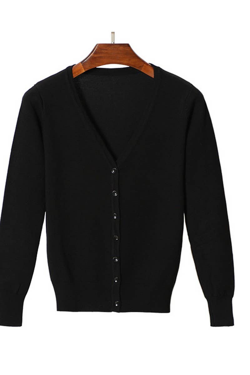 CWOCAL2074_V-NECK SOLID COLOR LONG-SLEEVED KNITTED CARDIGAN