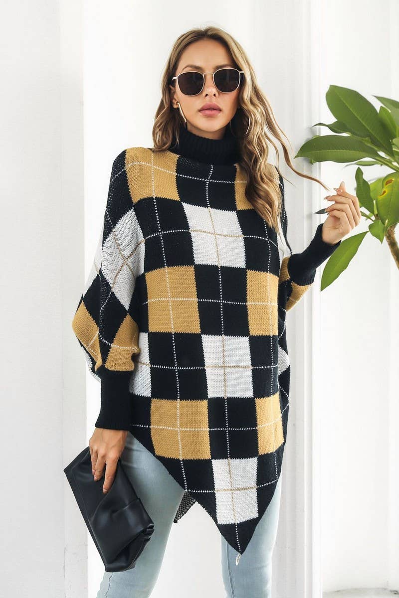 CWOSWL4078_PLAID JACQUARD CAPE MIDI HIGH NECK KNIT TOP