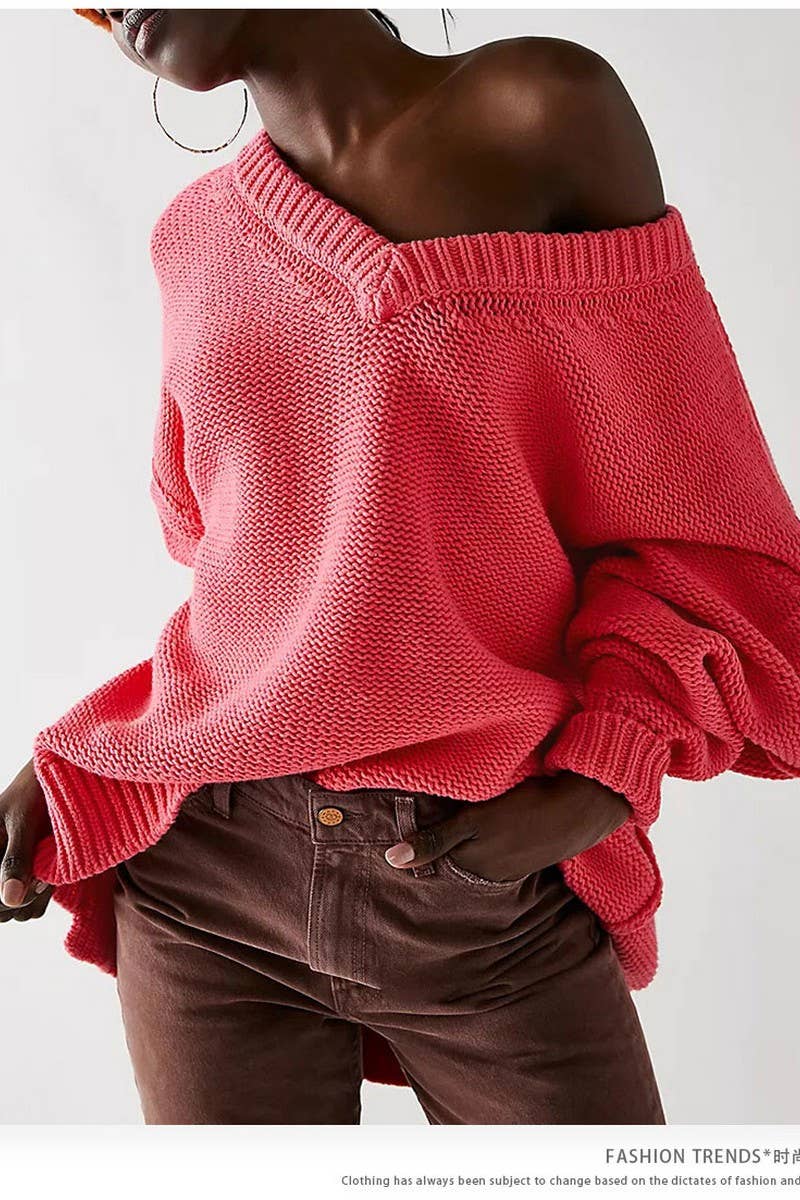 CWOSWL6848_WINTER V-NECK LOOSE FASHION PULLOVER SWEATER