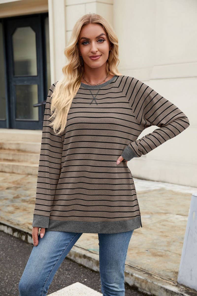 CWTBLL3663_STRIPED PATCHWORK ROUND NECK LONG SLEEVED T-SHIRT