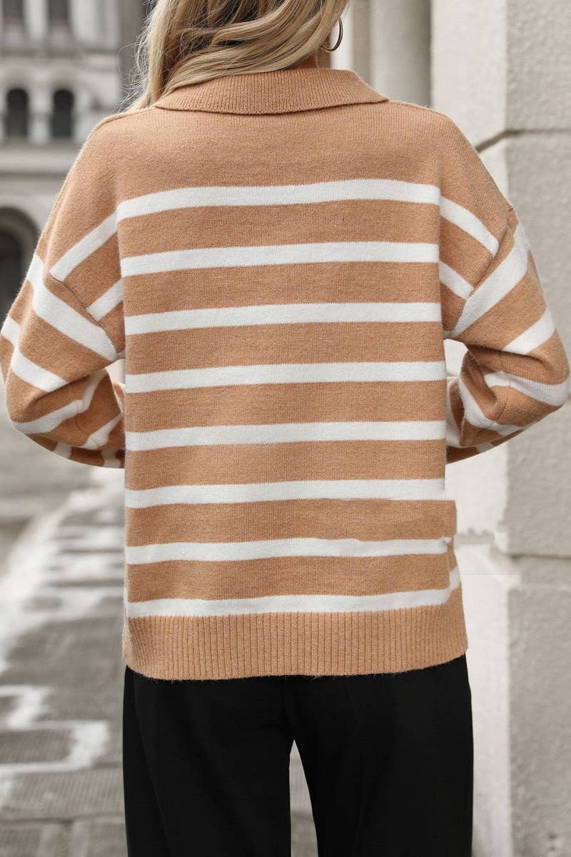 CWOSWL6493_STYLISH V-NECK STRIPED LONG-SLEEVED SWEATER