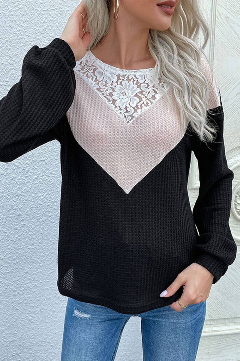 CWTTL1946_CASUAL COLORBLOCK LACE CREWNECK SWEATER