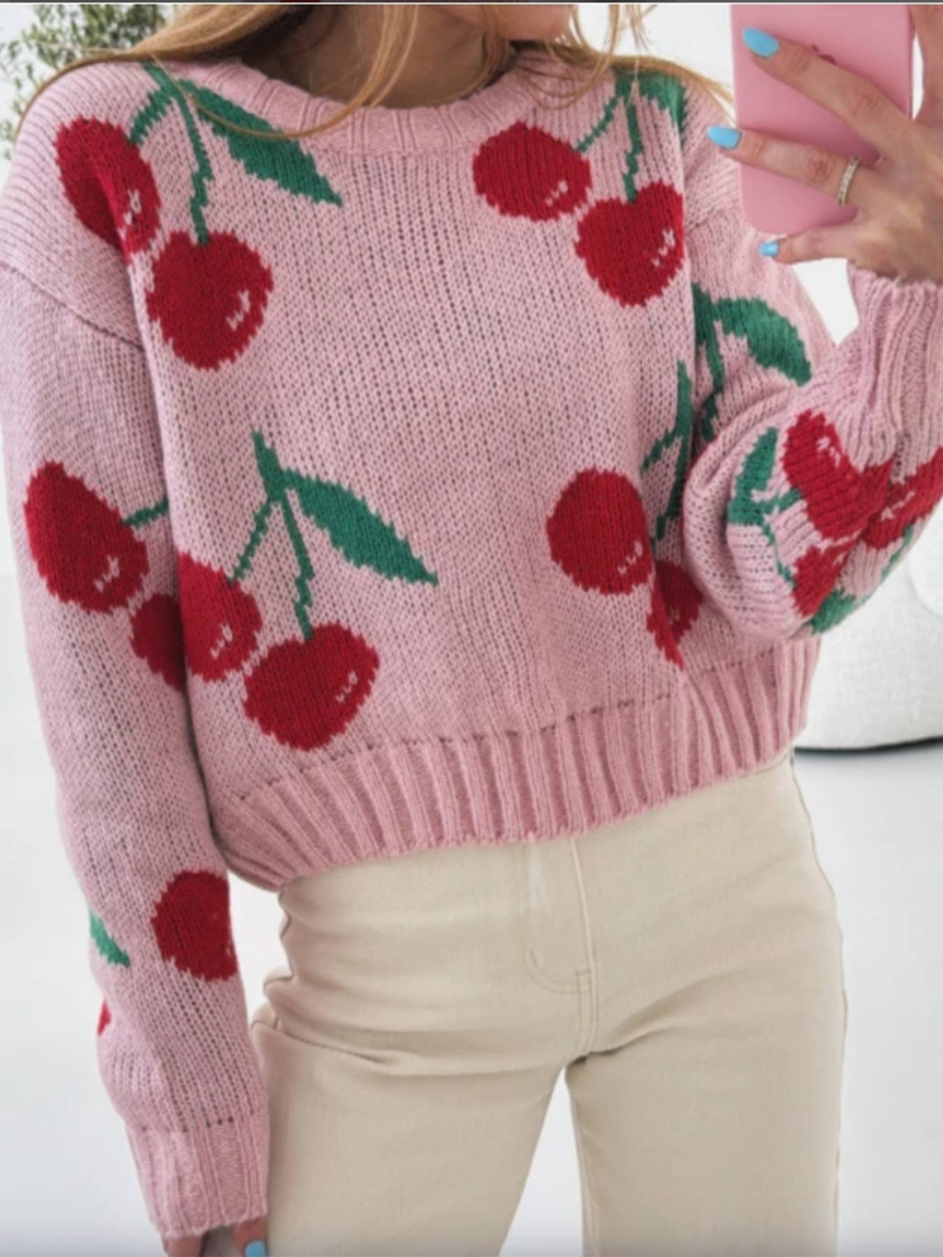 Cherry jacquard loose long sleeve knitted sweater