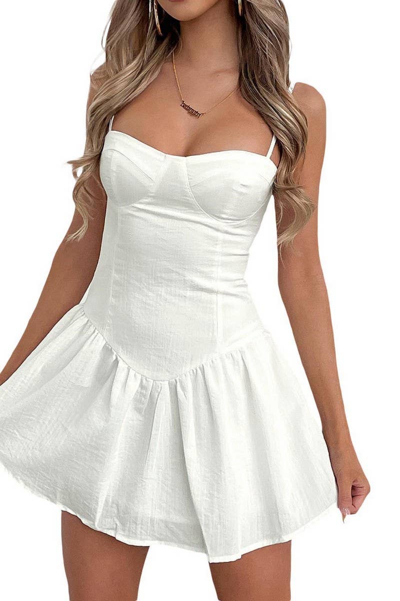 CWDSD5332_SOLID COLOR SUSPENDER RUFFLE SHORT DRESS