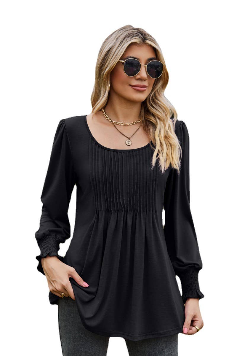 CWTBLL3687_NEW AUTUMN SOLID COLOR ROUND NECK DRAW CUFFS TOP