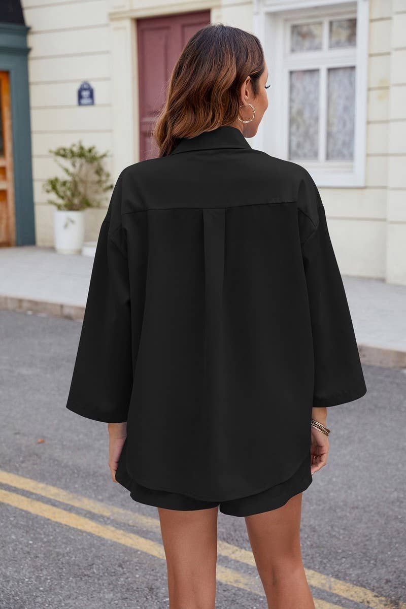 CWSTB1677_LAPEL THREE-QUARTER SLEEVE SHIRT AND SHORTS SUIT