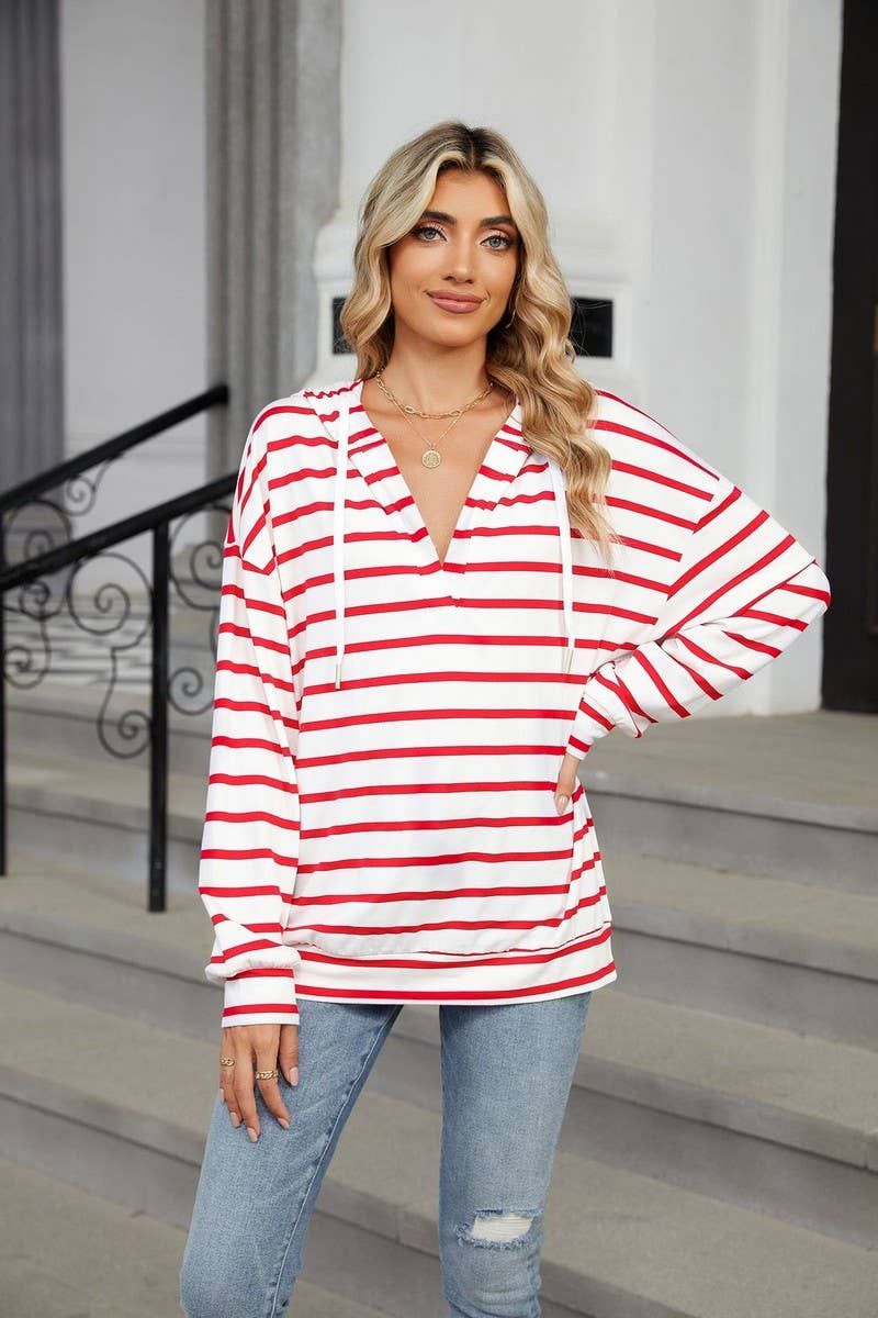 CWOHOL0718_DRAWSTRING HOODED STRIPED LONG SLEEVE SWEATSHIRT