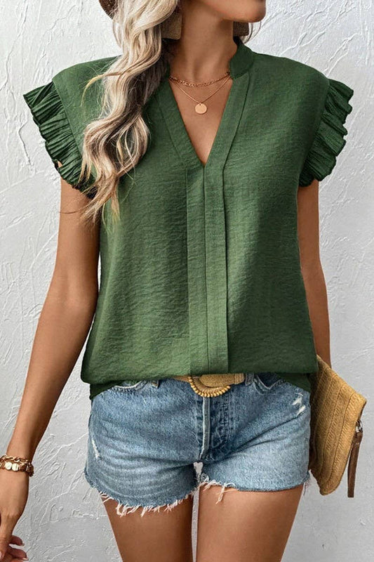 CWTBLS1850_SOLID COLOR CASUAL V-NECK FLOWY SLEEVE TOP