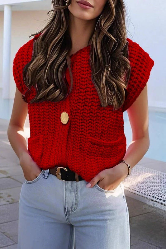 CWOV0762_SOLID COLOR SLEEVELESS V-NECK CHUNKY KNIT VEST