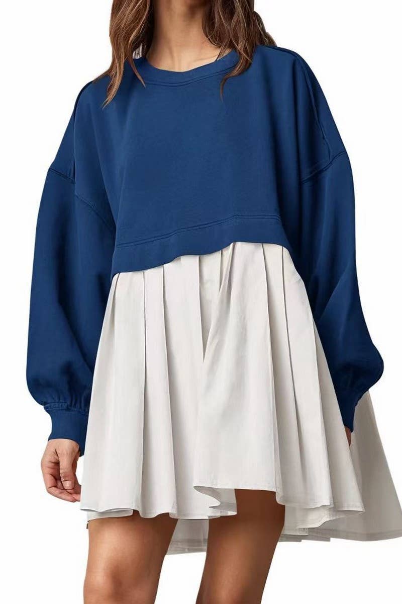 CWDSD10615_FAKE TWO-PIECE COLORBLOCK LOOSE PLEATED DRESS