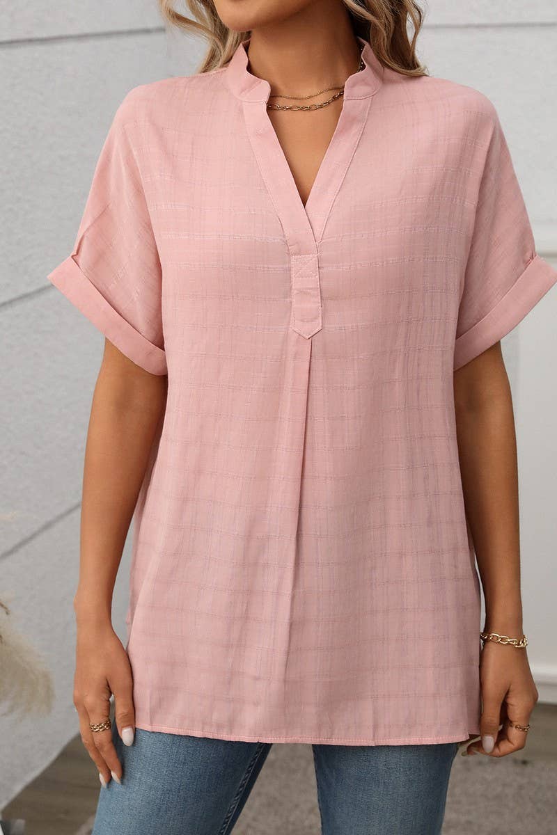 CWTBLS1720_V-NECK STRIPED LOOSE CHECK SHORT-SLEEVED SHIRT