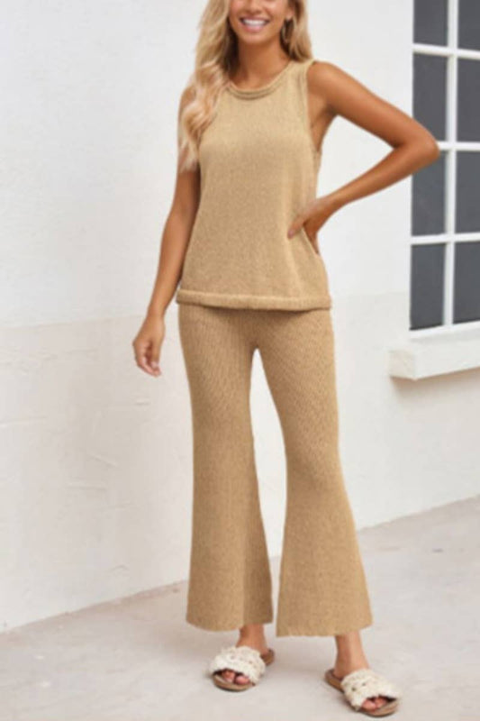 CWSS0632_SUMMER KNIT CASUAL SLEEVELESS TOP PANTS SUIT