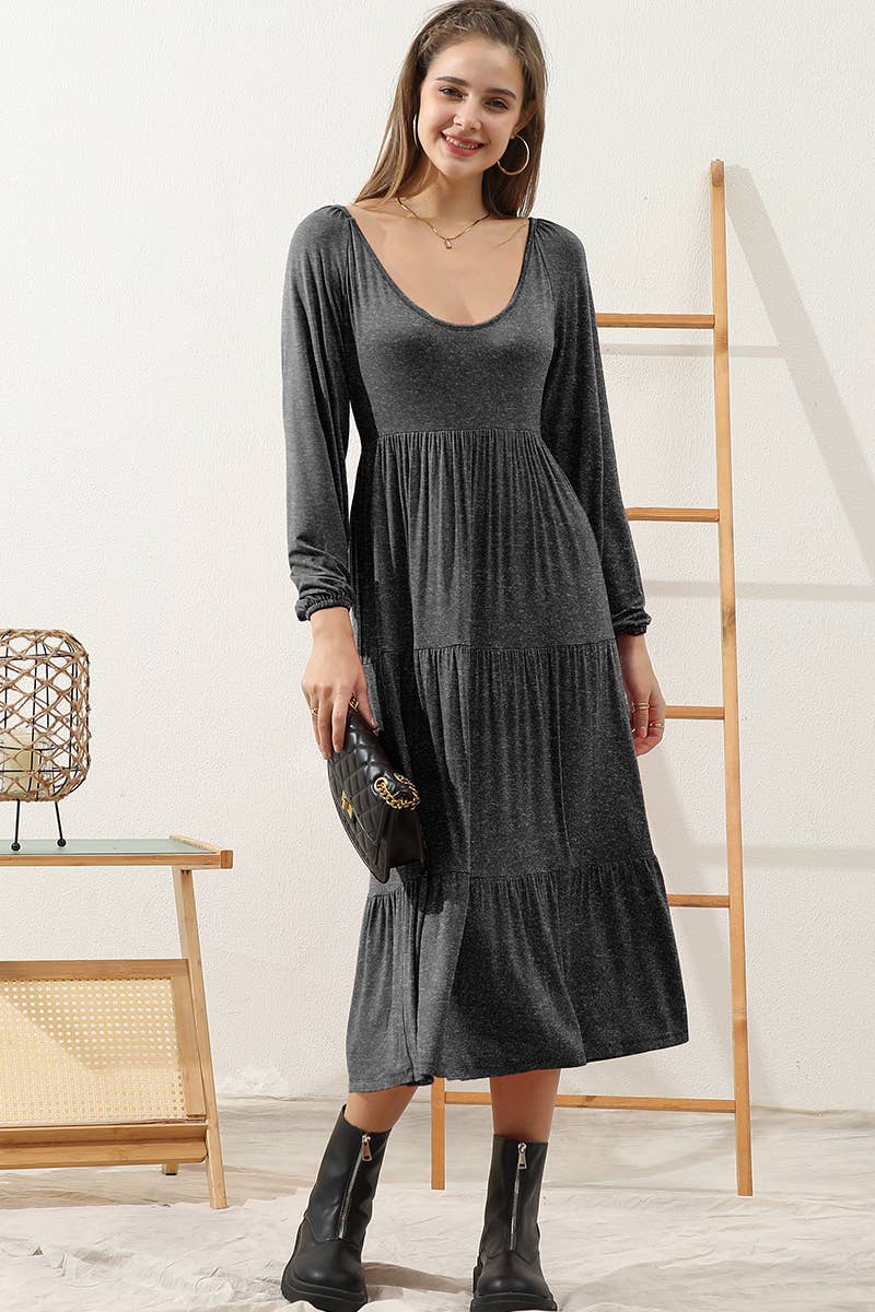 CWDMD801_ROUND NECK TIRED CASUAL RUFFLE MAXI SOLID DRESS