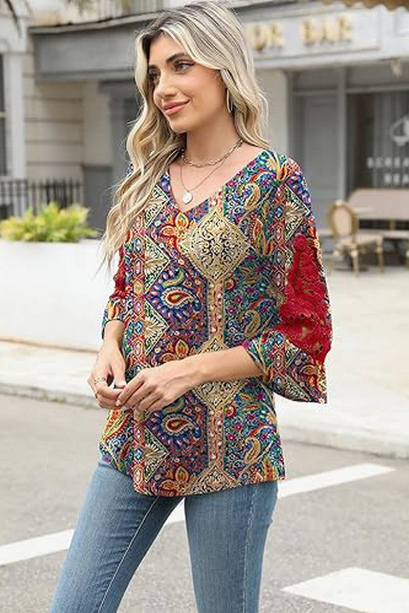 CWTBLL3901_LACE RUFFLE SLEEVE V-NECK PRINT TOP