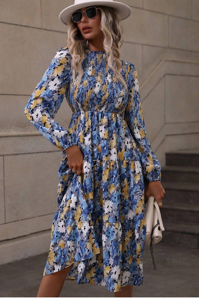 CWDMD4099_PRINTED PLEATED LONG SLEEVE CAKE DRESS
