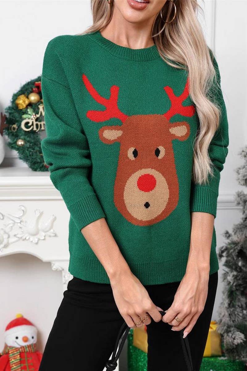 CWOSWL07582_CARTOON DEER JACQUARD CHRISTMAS SWEATER