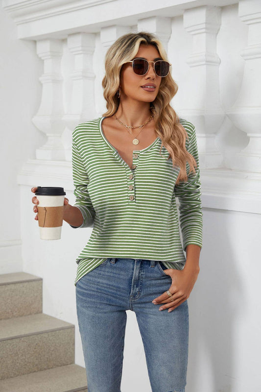 CREW-NECK BUTTON-DOWN LONG SLEEVE STRIPED T-SHIRT