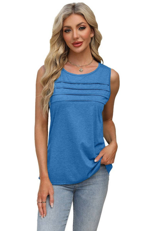 CWTBLSL0668_SOLID COLOR U-NECK PLEATED VEST T-SHIRT TOP