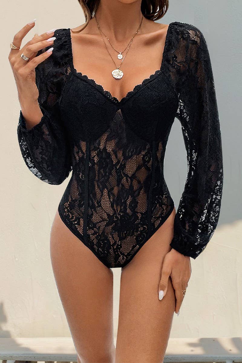 CWSBSL0120_LACE PANEL LONG SLEEVE SOLID COLOR BODYSUIT