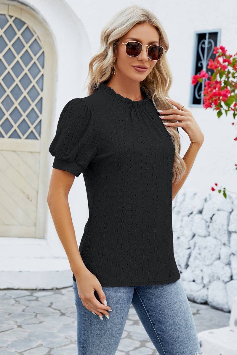 CWTSTS0364_PUFFY SLEEVE LOOSE HOLLOW-OUT PLEATED T SHIRT