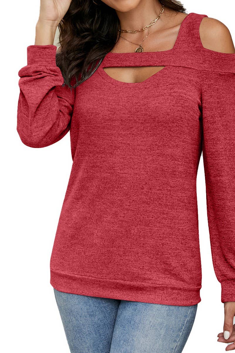 CWTBLL2373_OFF-SHOULDER HOLLOW SOLID COLOR LONG-SLEEVED TOP