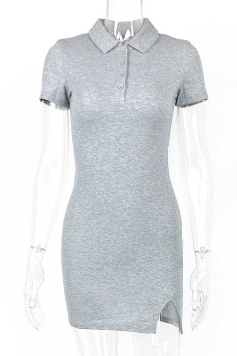 CWDSD7460_LAPEL HIP-HUGGING SHORT SLEEVE KNITTED DRESS