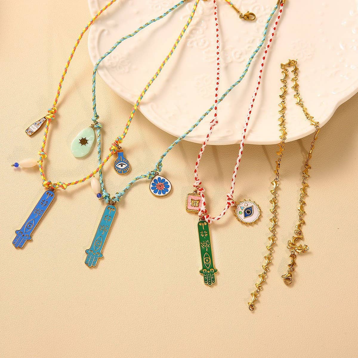 Knotted Cotton Rope Necklace with Fatima Pendant