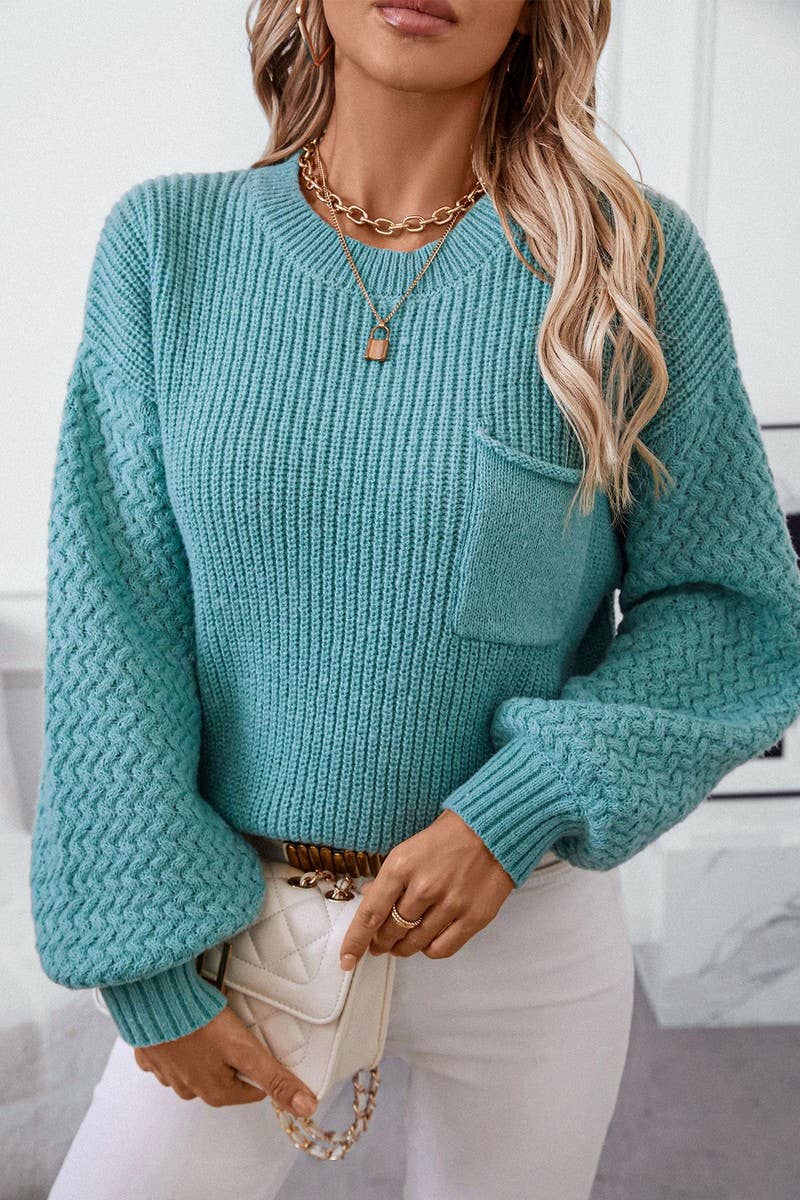 CWOSWL2838_SOLID COLOR POCKET ROUND NECK LONG SLEEVE SWEATER