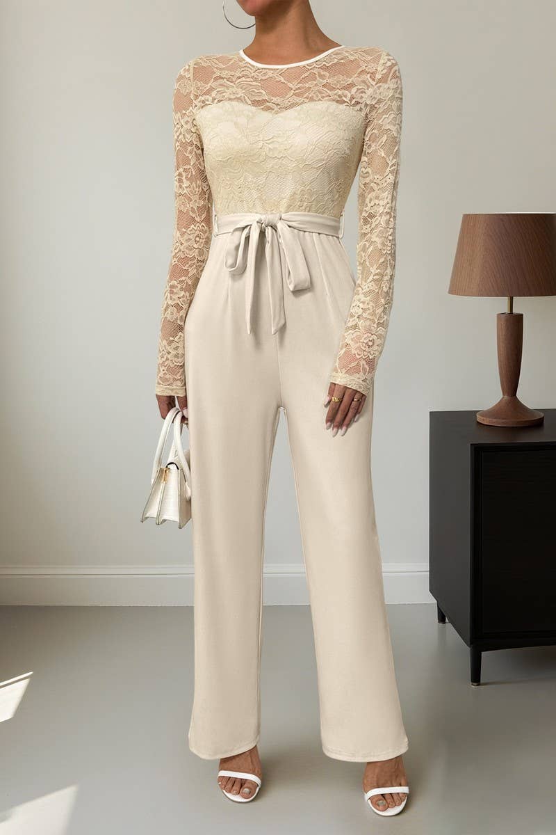 CWSJS00276_LACE PATCHWORK ZIP TIE SOLID LOOSE JUMPSUIT