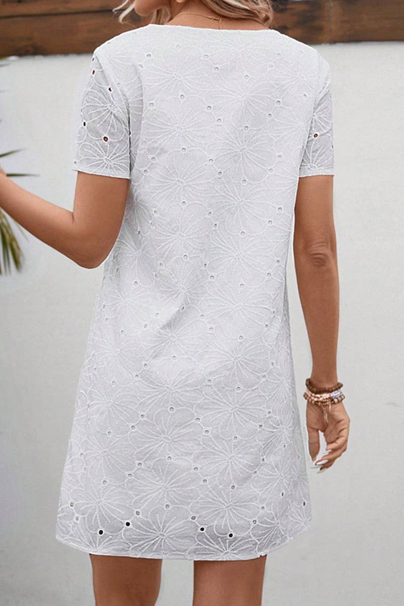 CWDSD8222_SUMMER V-NECK HIGH WAIST SOLID COLOR HOLLOW DRESS